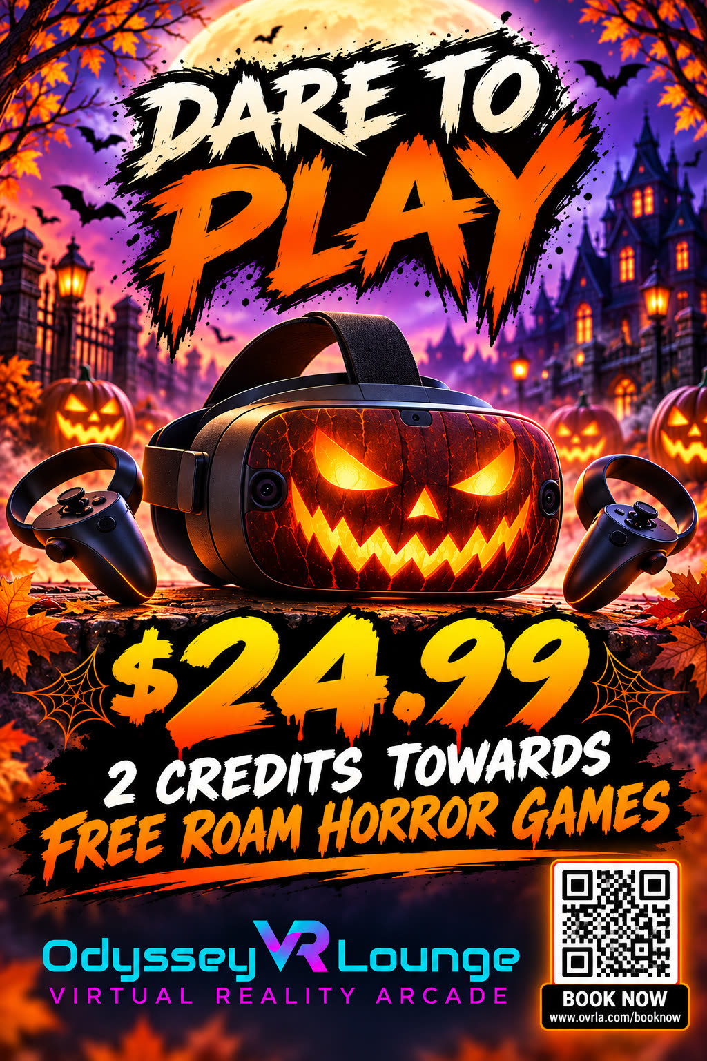 A glowing VR lounge set up for a Halloween game night.