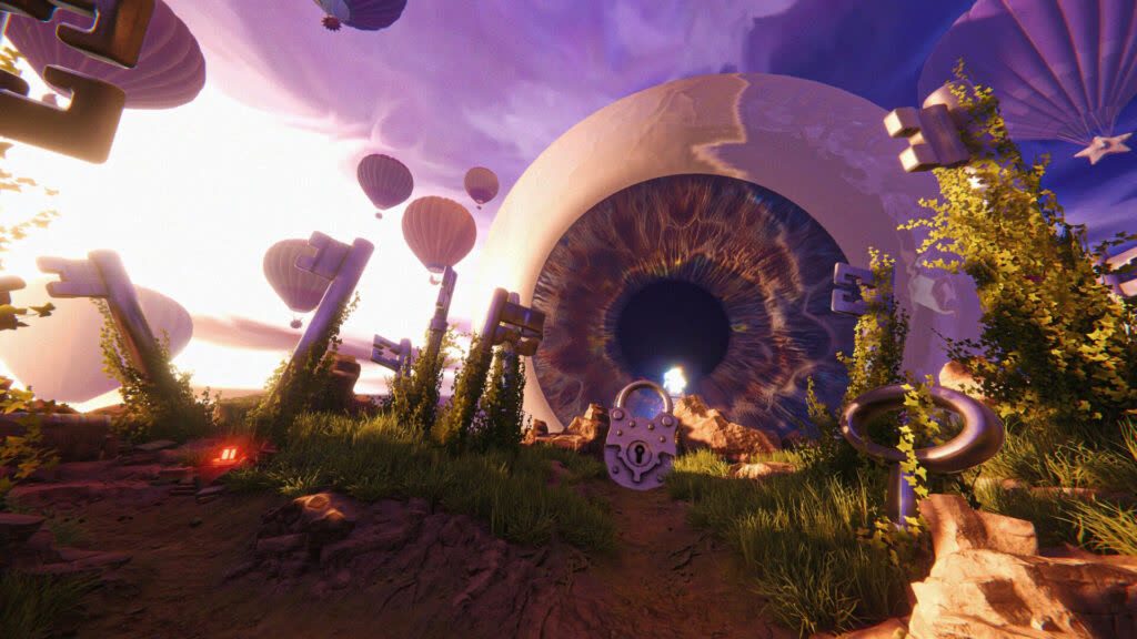 A giant eye-shaped portal towers over a surreal landscape dotted with floating islands and hot-air balloons