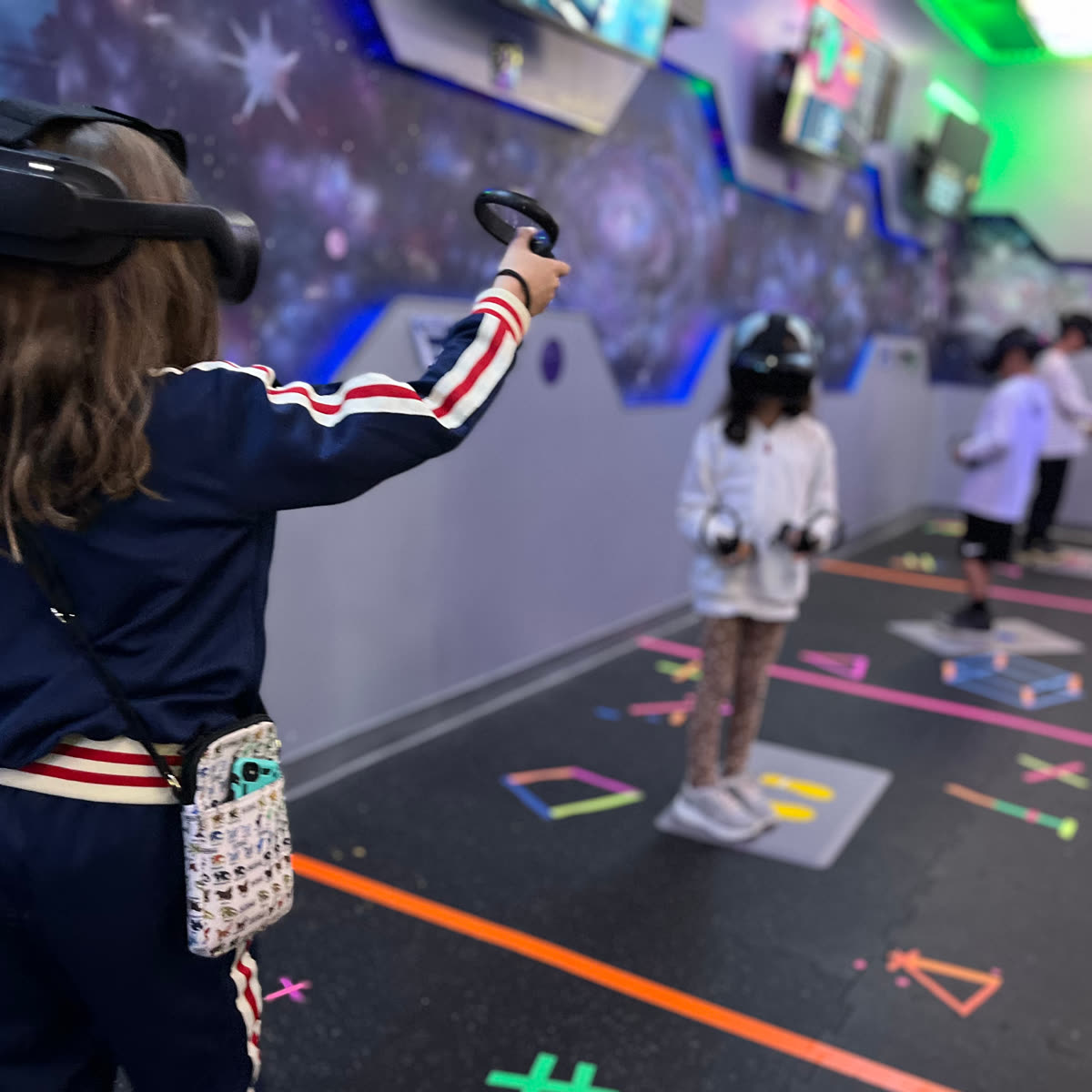 Eye-level view of a virtual reality headset setup in a modern lounge
