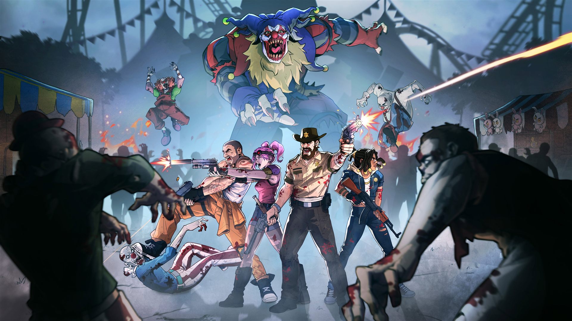 Dead Ahead: survivors fighting zombie clowns at a carnival